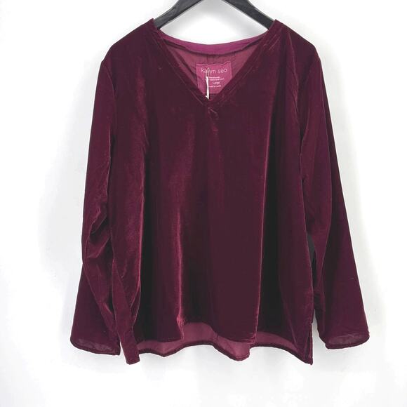 Karyn Seo Della Velvet V-Neck Boxy Fit Shirt Womens Size Large Beet Red - Picture 2 of 7